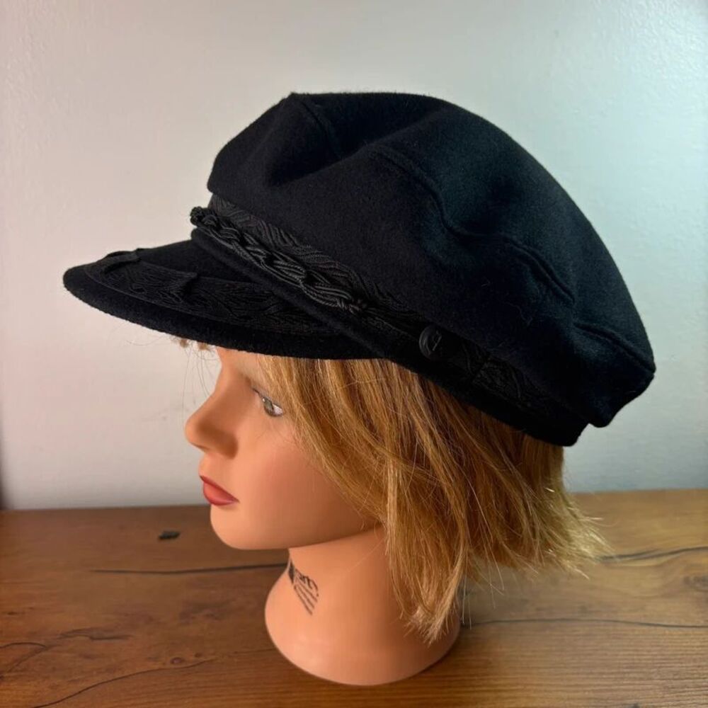 Vintage Greek Fisherman Cap Hat Black Wool Blend Red Satin Lining Size 56 7